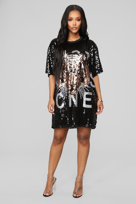 Animal Inside Me Sequin Shirt Dress Black