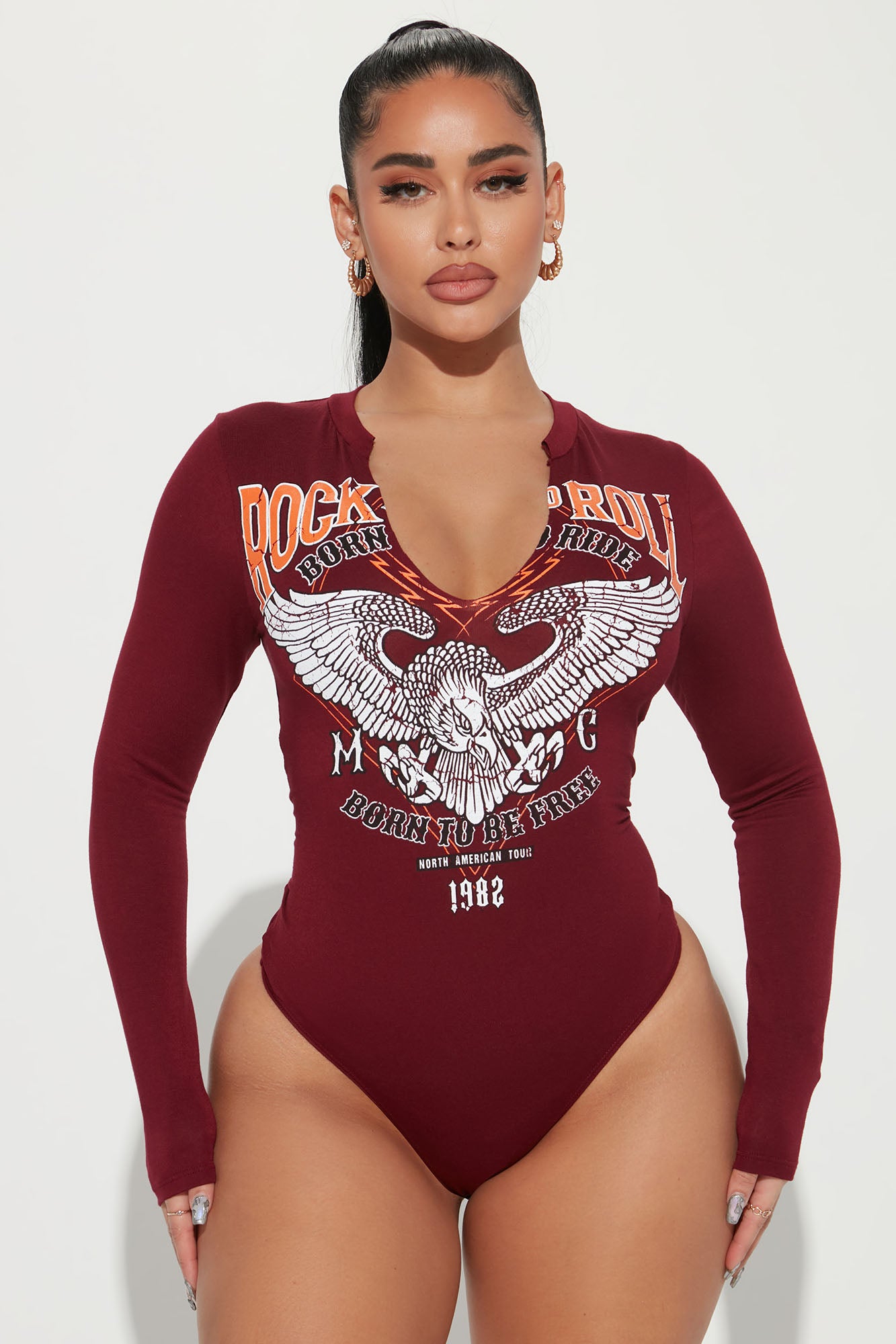 Rocker Chic Graphic Bodysuit - Burgundy, Fashion Nova, Screens Tops and  Bottoms