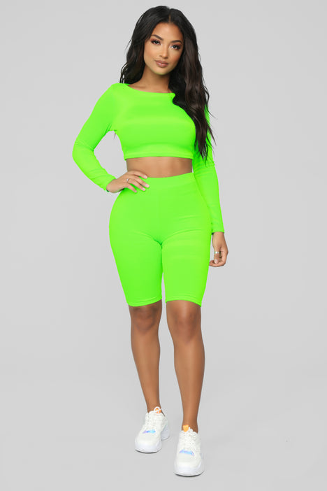 Oh So Plush Neon Biker Short Set Neon Green