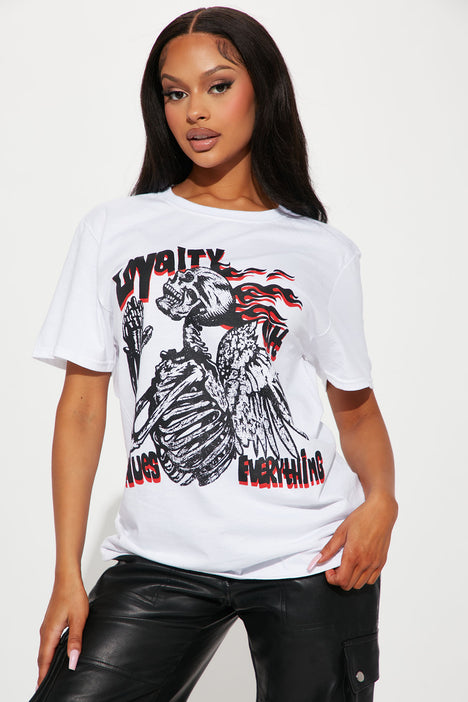 black red and white graphic tee
