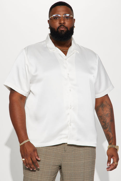 Links Satin Short Sleeve Button Up Shirt Off White
