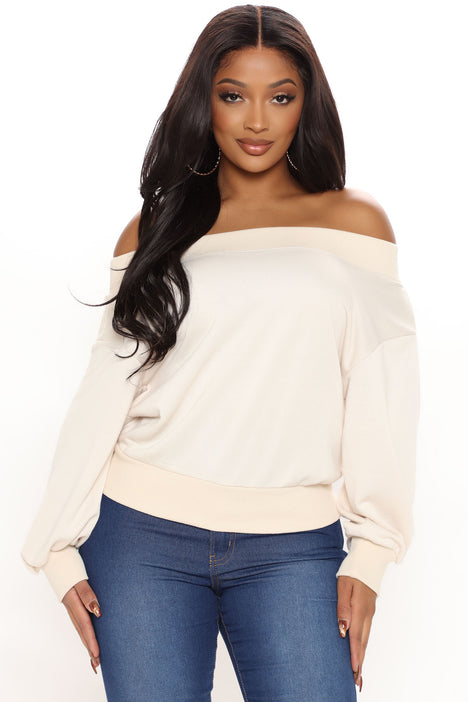 Weekend Vibes Off Shoulder Sweatshirt Cream Fashion Nova Knit