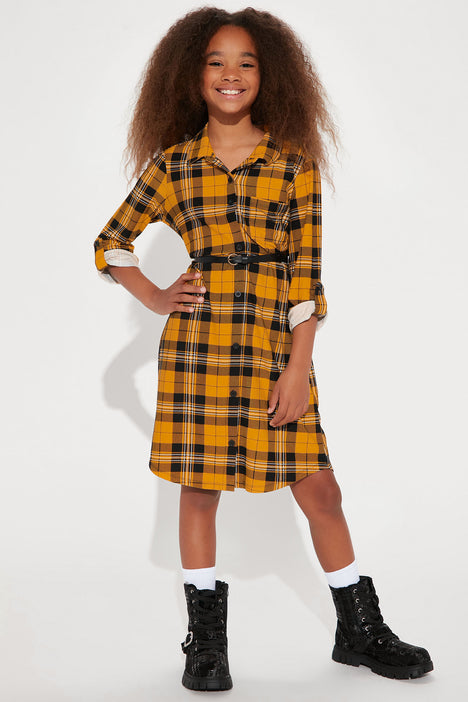 Mini Plaid Yourself Shirt Dress Mustard combo Fashion Nova