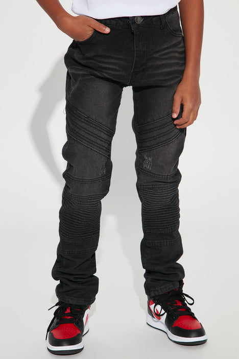 Mini Big Kid Distressed Stretch Moto Jeans Black Wash