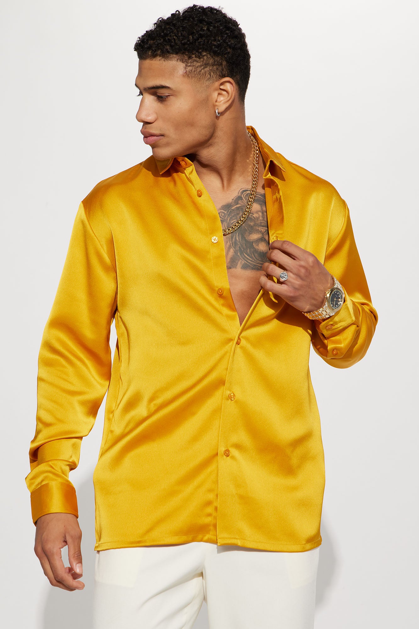 Links Satin Long Sleeve Button Up Shirt Gold