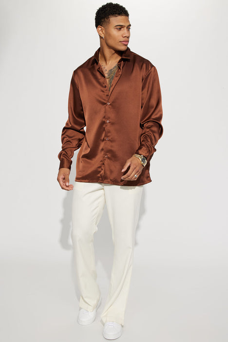 Links Satin Long Sleeve Button Up Shirt - Chocolate, Fashion Nova, Mens  Shirts