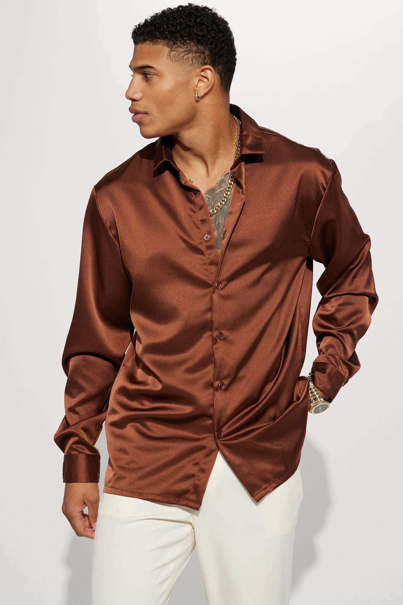 Links Satin Long Sleeve Button Up Shirt Chocolate