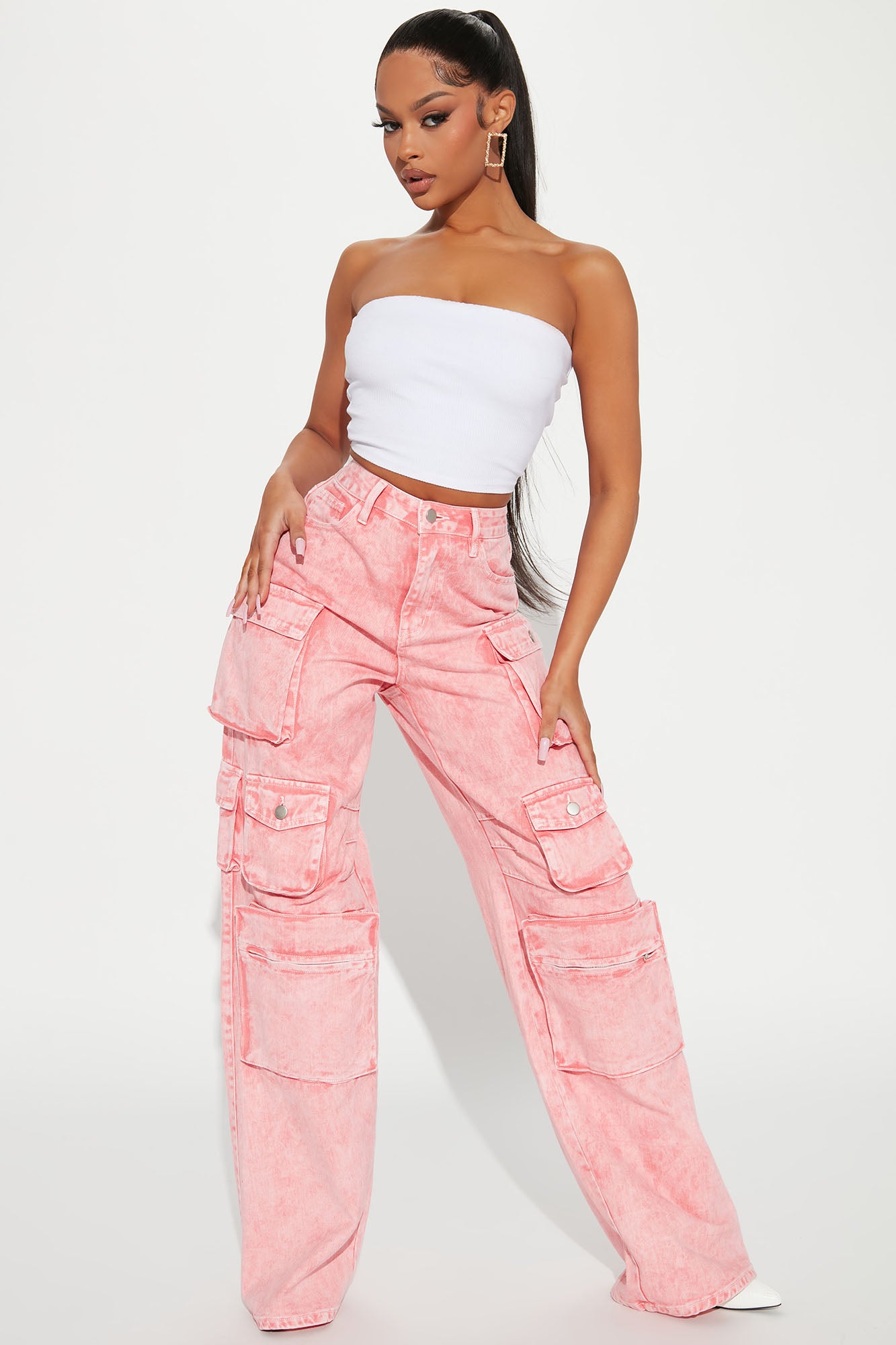 Cargo Pants - High Waisted - Full Length - Pink