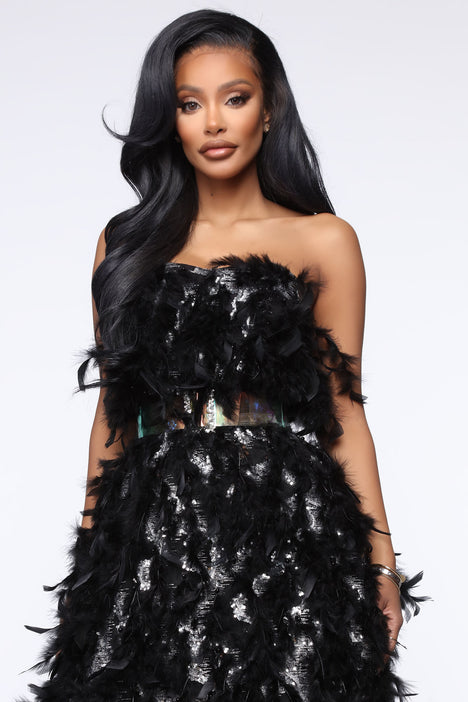 High low feather sale dress