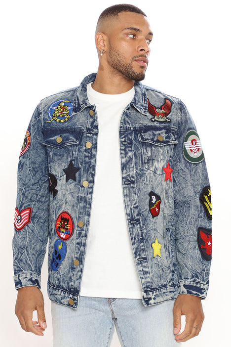 Denim jacket with patches men discount