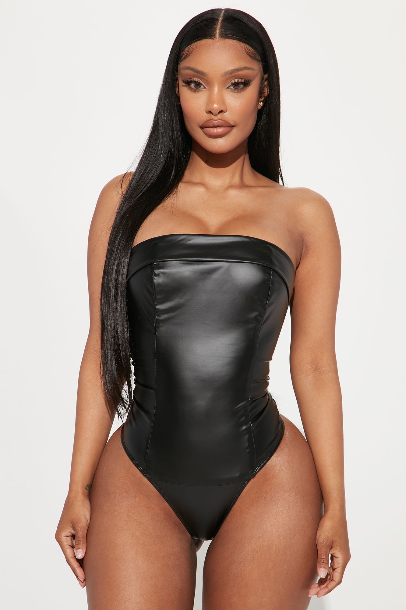 Real Or Faux Leather Bodysuit - Black
