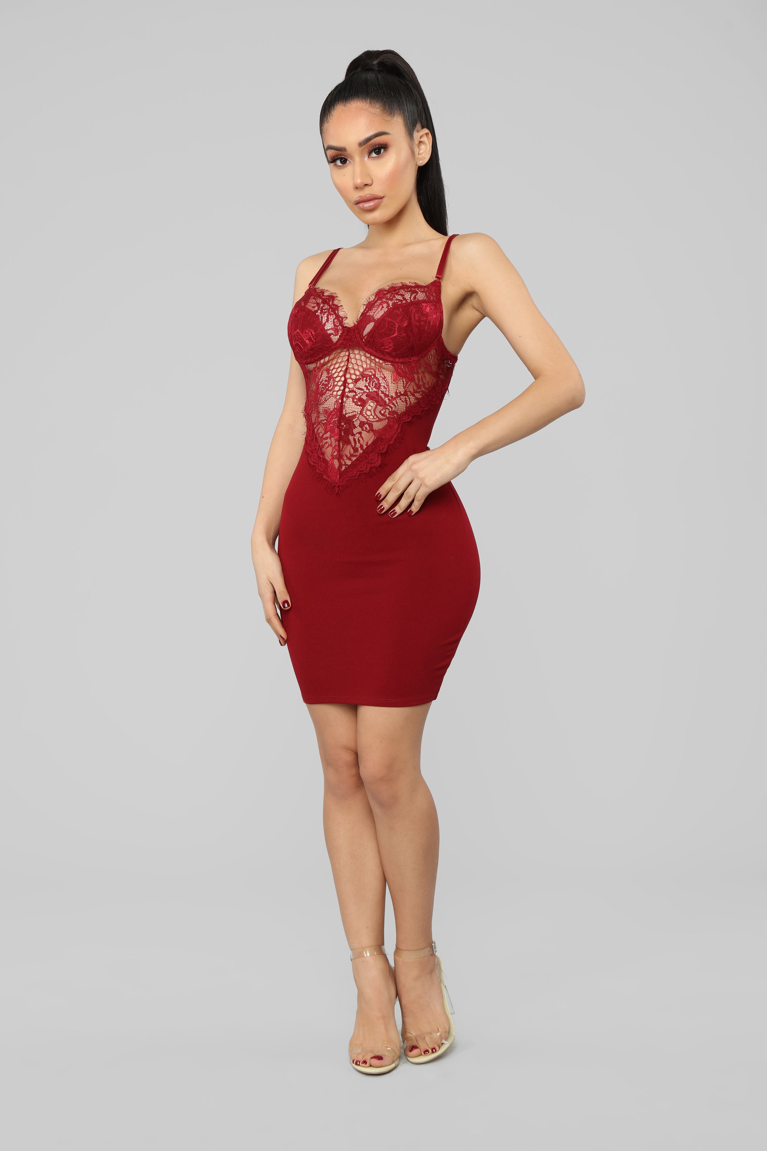 Burgundy lace mini dress sales