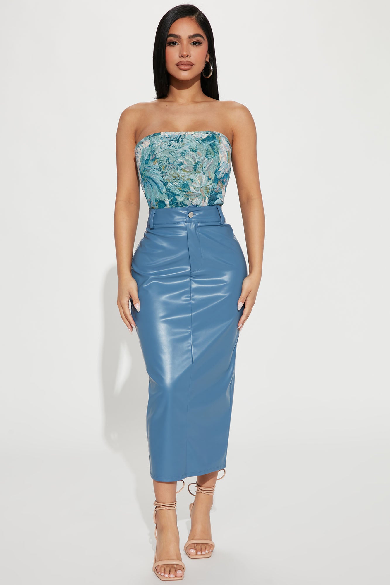 Hard To Forget Faux Leather Midi Skirt Slate Blue