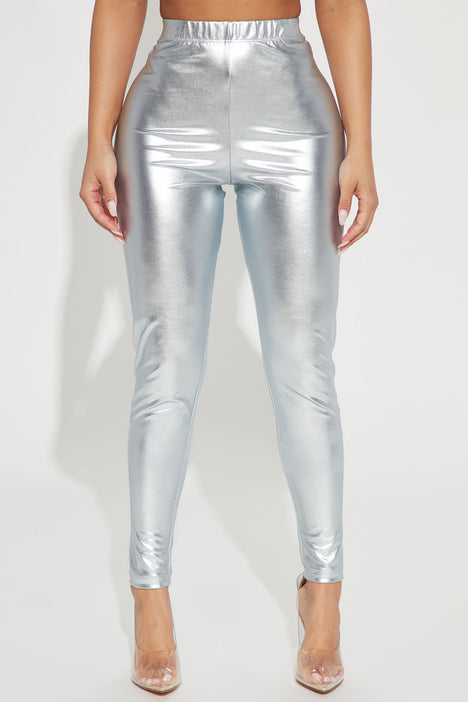 Women's High Waisted Silver Metallic Shiny Leggings with Long Legs