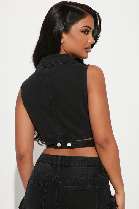 Billie Cargo Cropped Denim Vest Black