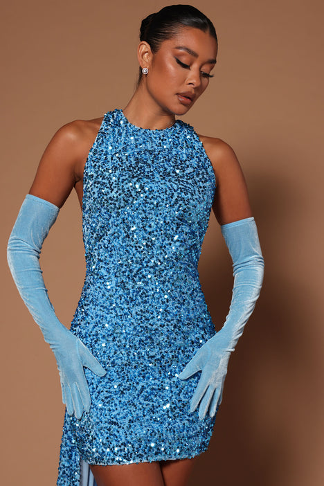 Blue sequin halter dress sale