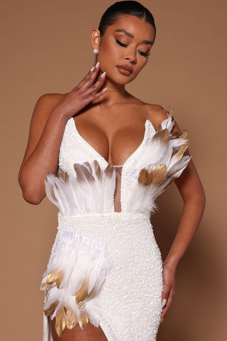 Ariana Sequin Feather Maxi Dress White