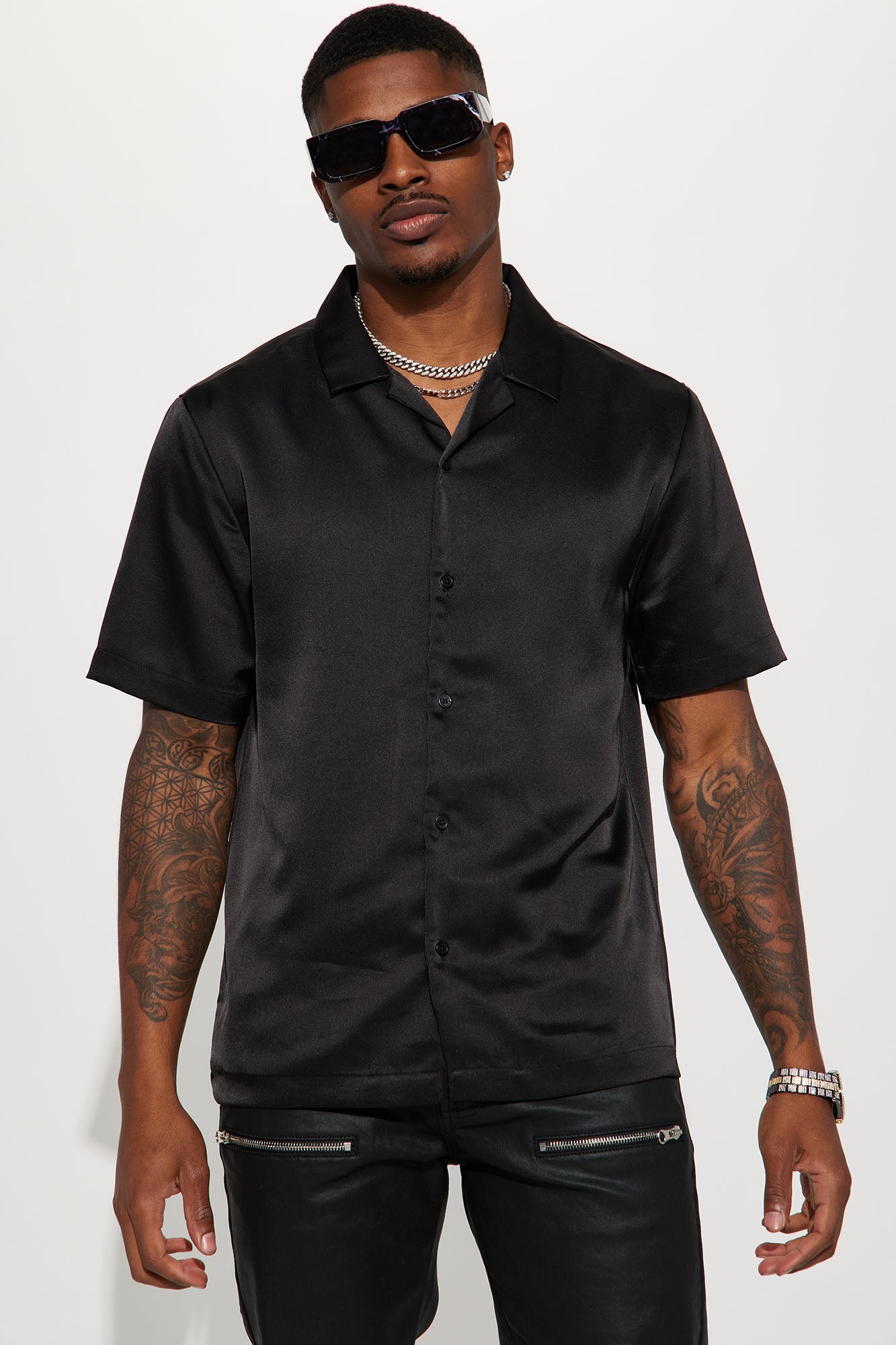 Links Satin Short Sleeve Button Up Shirt Black