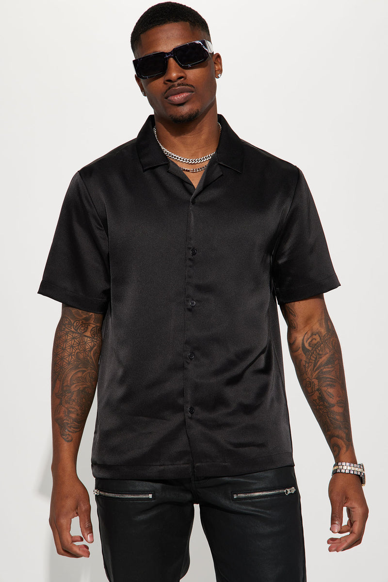 Links Satin Short Sleeve Button Up Shirt - Black | Fashion Nova, Mens ...