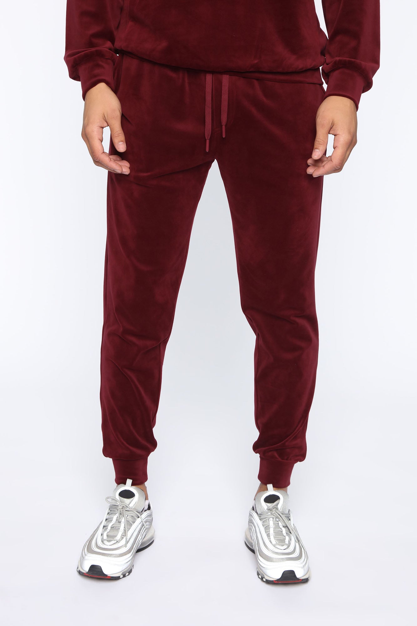 Burgundy velvet joggers sale