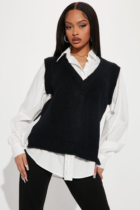 Black sweater with white shirt attached store