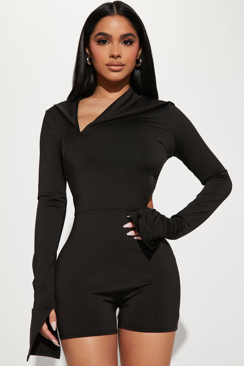 Keep Up With Me Hooded Romper Black Fashion Nova, Rompers Fashion