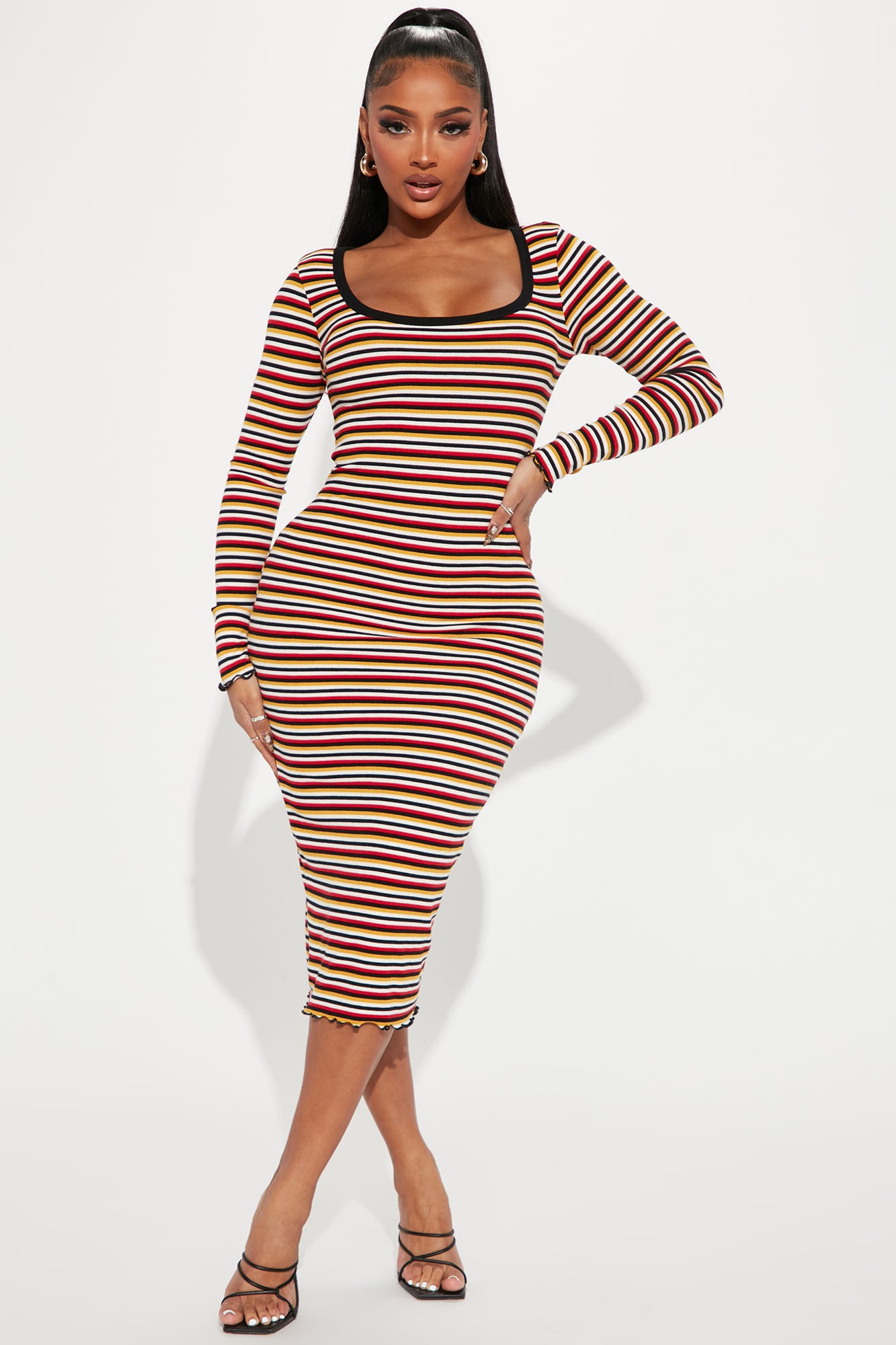 Hannah Striped Midi Dress Mustard combo Fashion Nova Dresses