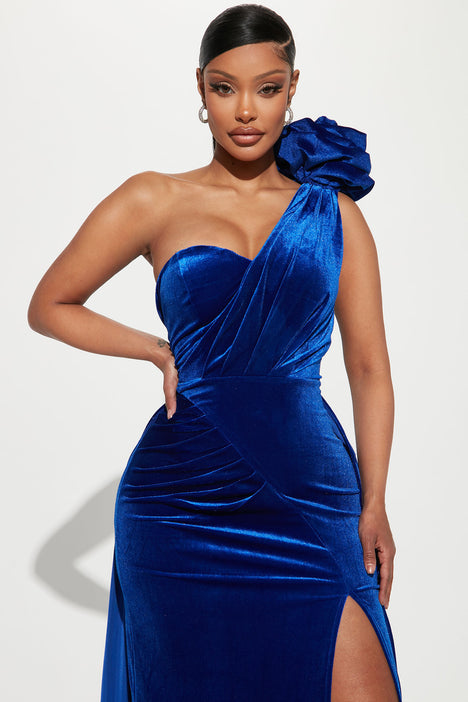 Aqua one shoulder velvet gown sales
