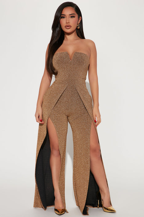 Gold jumpsuit cheap fashion nova
