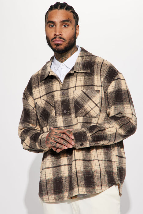 Feeling It Heavyweight Flannel Button Up - Brown Combo