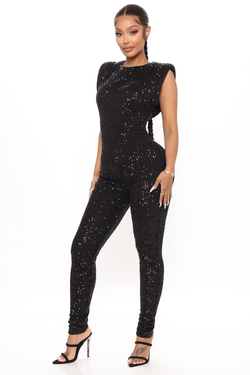 Sparkle And Snatched Shoulder Pad Jumpsuit - Black | Fashion Nova ...