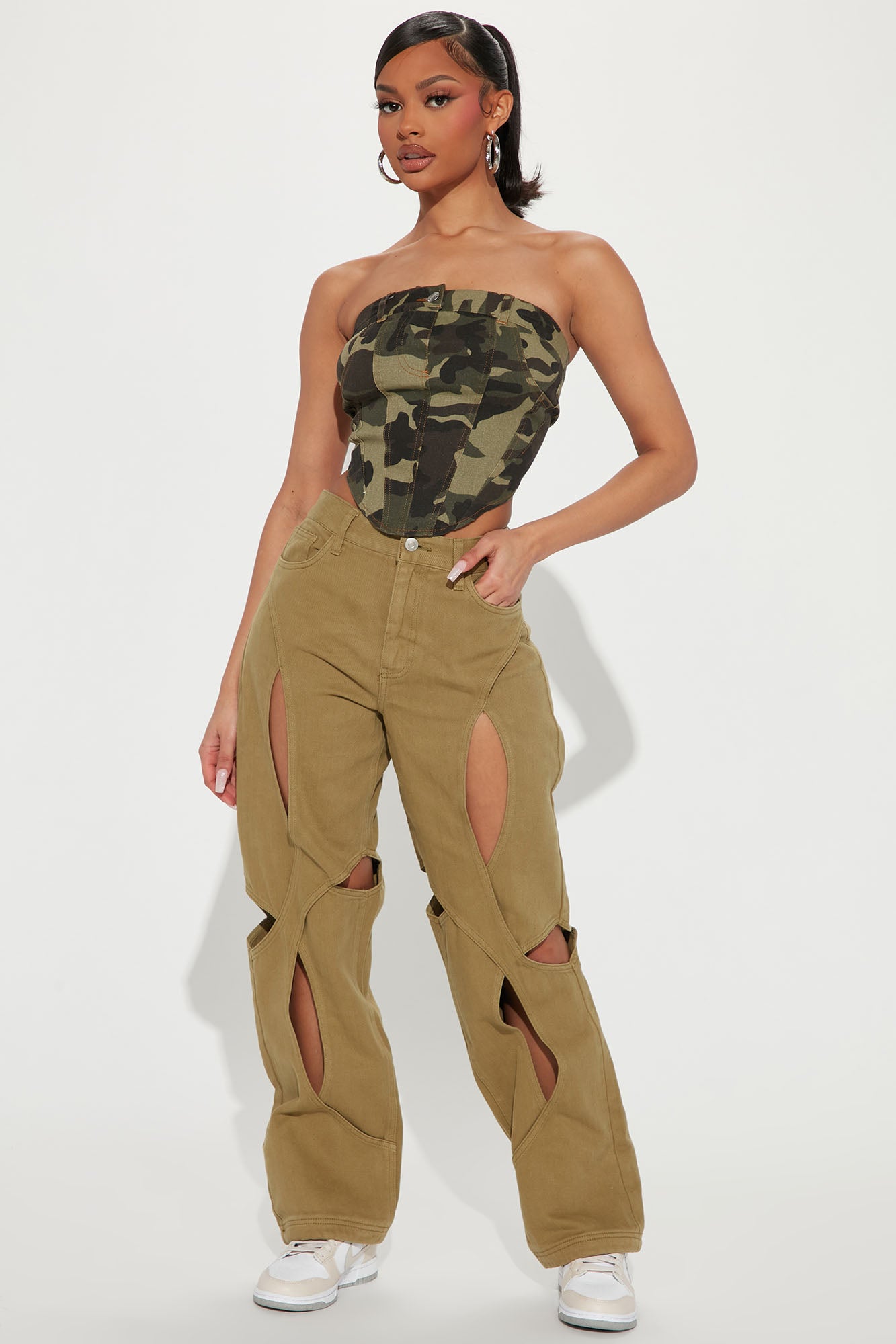 User Friendly Cut Out Non Stretch Straight Leg Jeans - Olive