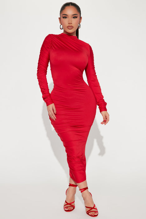 Letitia | Red Halter Neck Ruched Bodycon Midi Dress US 12 / Red