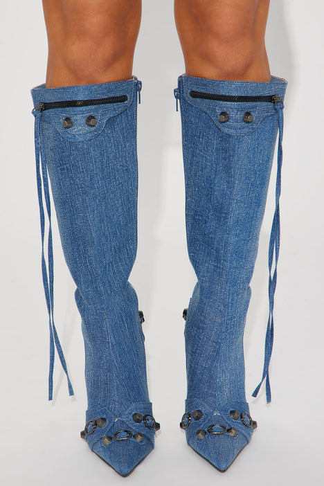 Denim thigh high cheap boots fashion nova