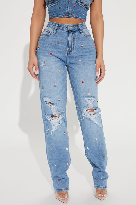 Floral Embellished Straight Denim Jeans