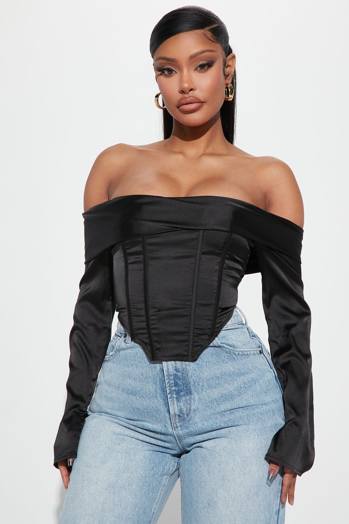 Black satin long hotsell sleeve bardot corset top