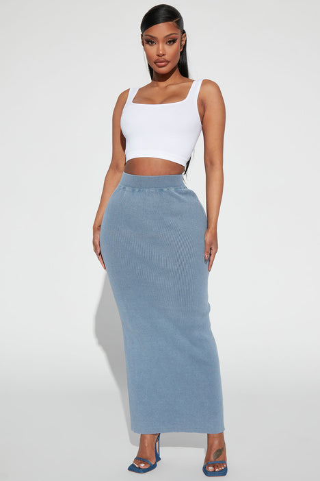 Honeymoon Mineral Wash Ribbed Maxi Skirt Slate Blue Fashion