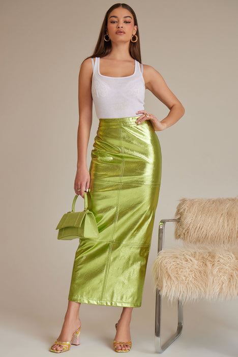 Farrow Faux Leather Metallic Maxi Skirt Olive