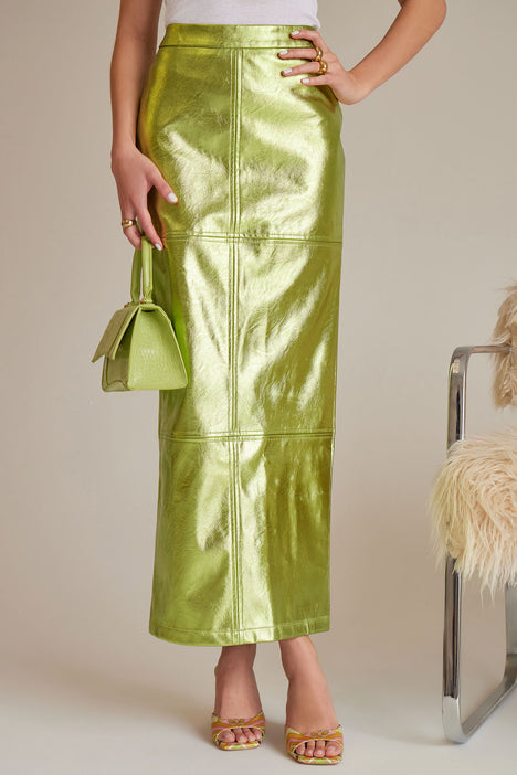 Farrow Faux Leather Metallic Maxi Skirt Olive