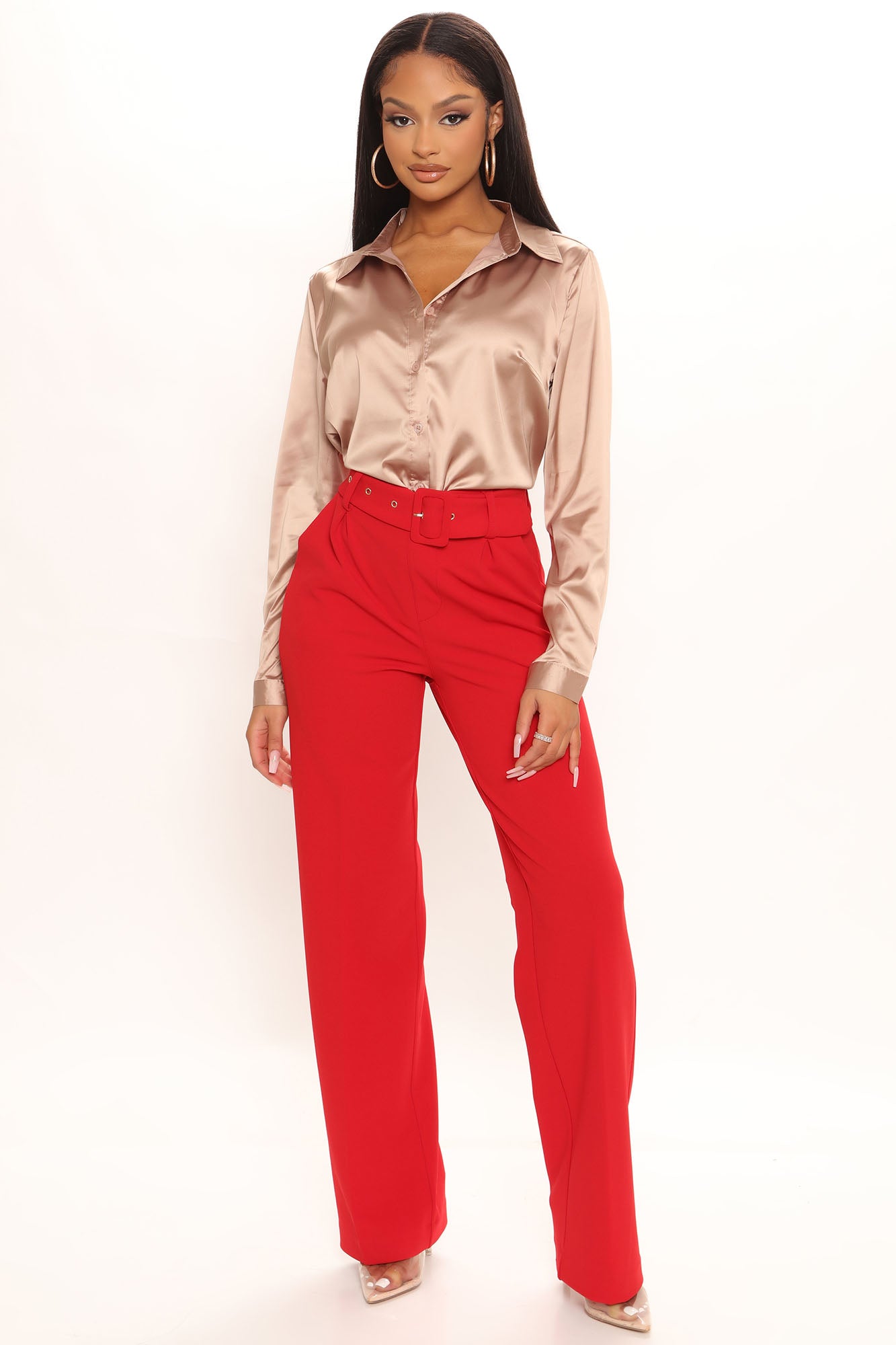 Celine Belted Wide Leg Pant - Red, Fashion Nova, Pants