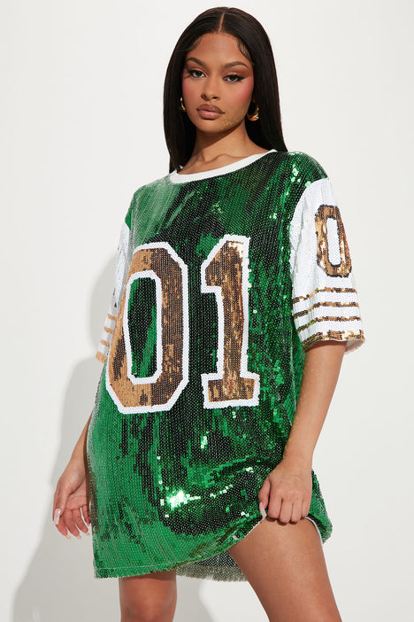 Number One Sequin T Shirt Dress Green combo