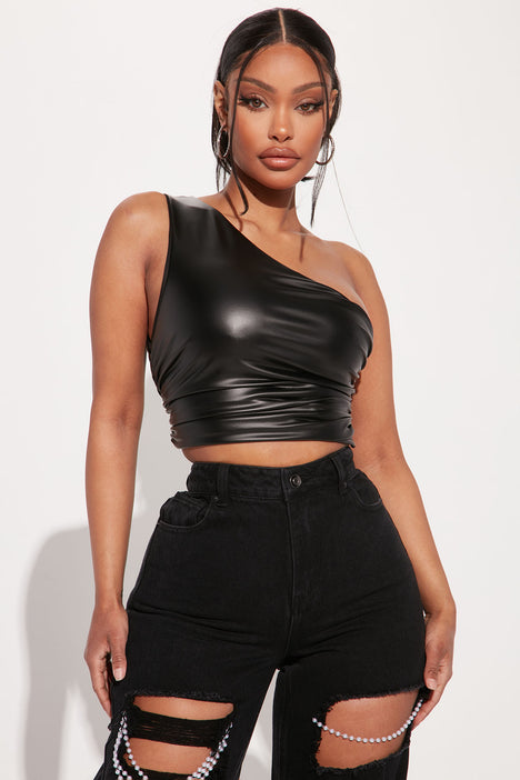 Jordan One Shoulder Faux Leather Top Black Fashion Nova Knit