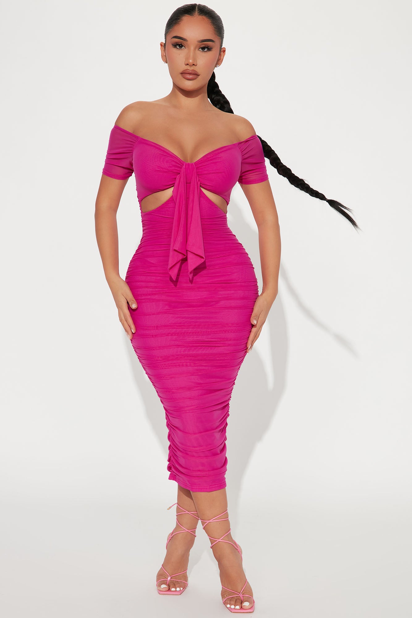 Simple And Sweet Mesh Ruched Dress - Fuchsia