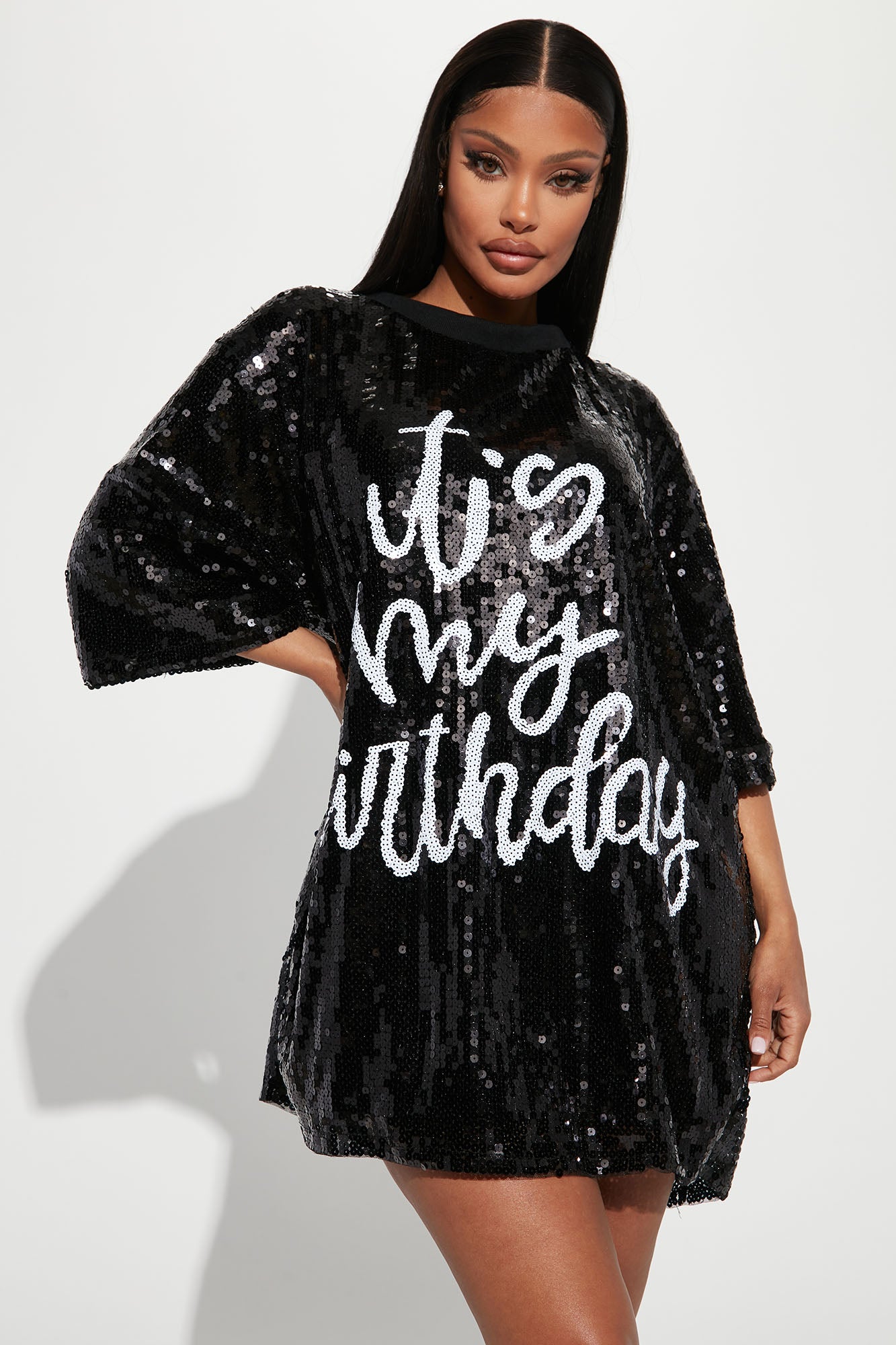 Birthday Queen Sequin Shirt Dress - Silver/Black, Fashion Nova, Dresses