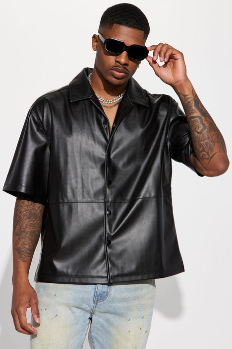 Slam Dunk Faux Leather Short Sleeve Button Up Black Fashion