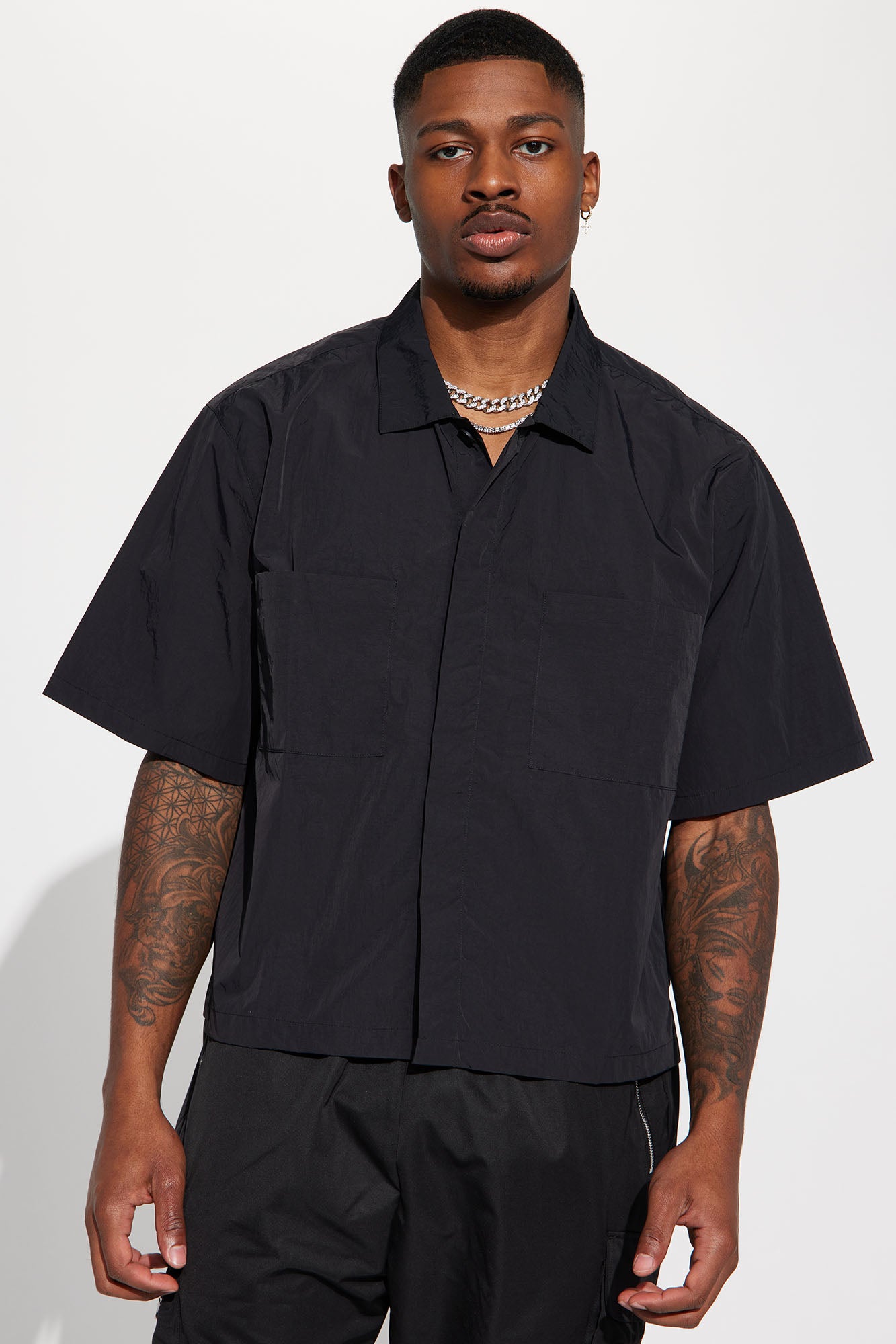 Rain Or Shine Cropped Nylon Button Up Shirt Black Fashion Nova