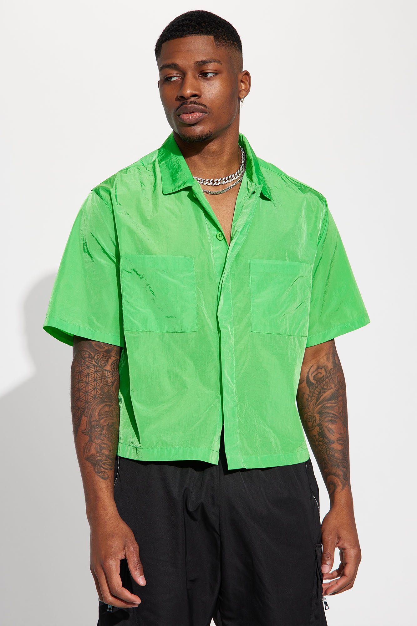bright green button up shirt
