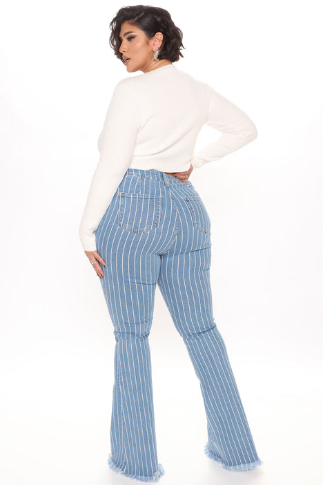 Crossed The Line Striped Flare Jeans - Light Blue Wash