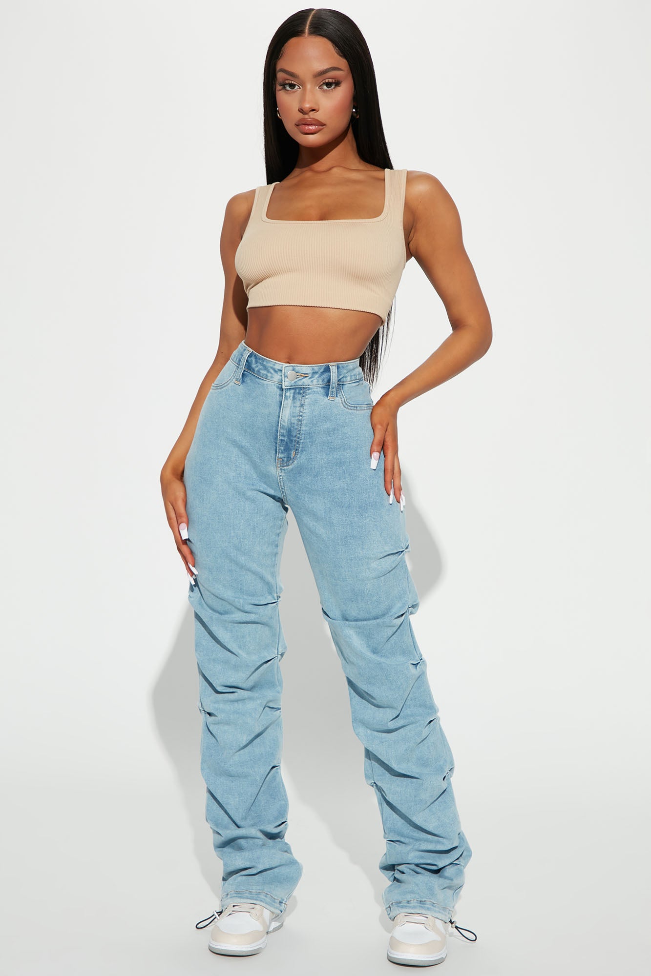 Catch My Vibe Stacked Straight Leg Jeans - Light Blue Wash