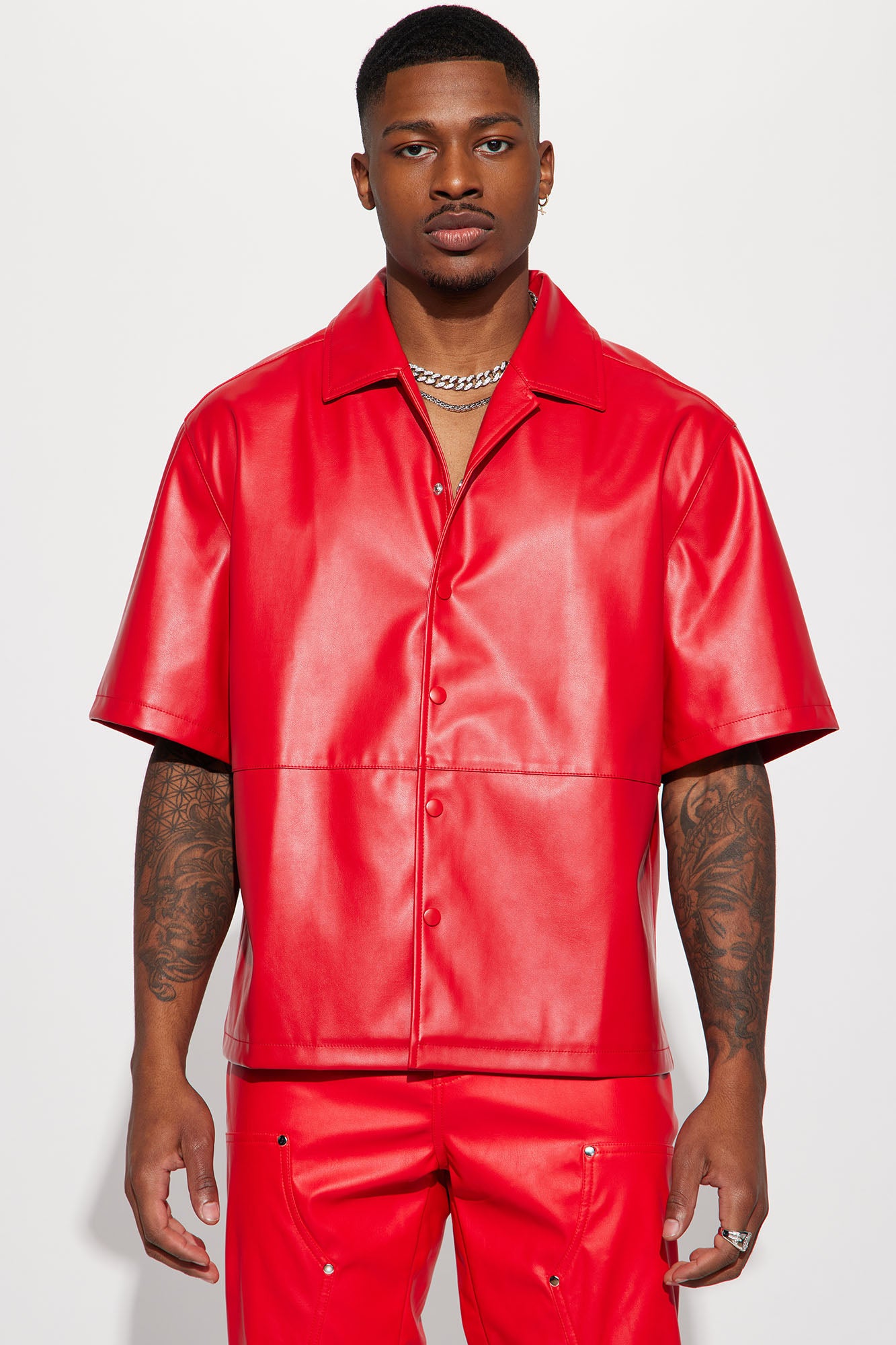 Red short sleeve button up sale